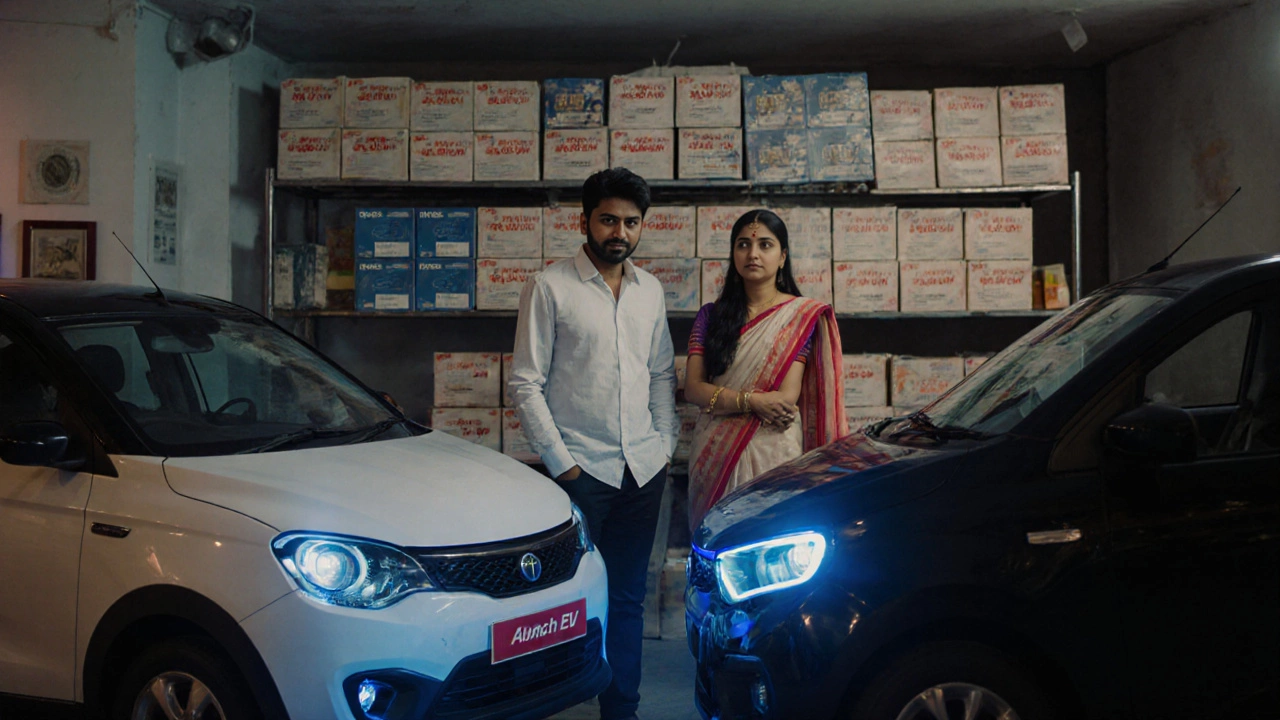 A couple in an Indian showroom comparing a basic car with an expensive electric model, looking uncertain.