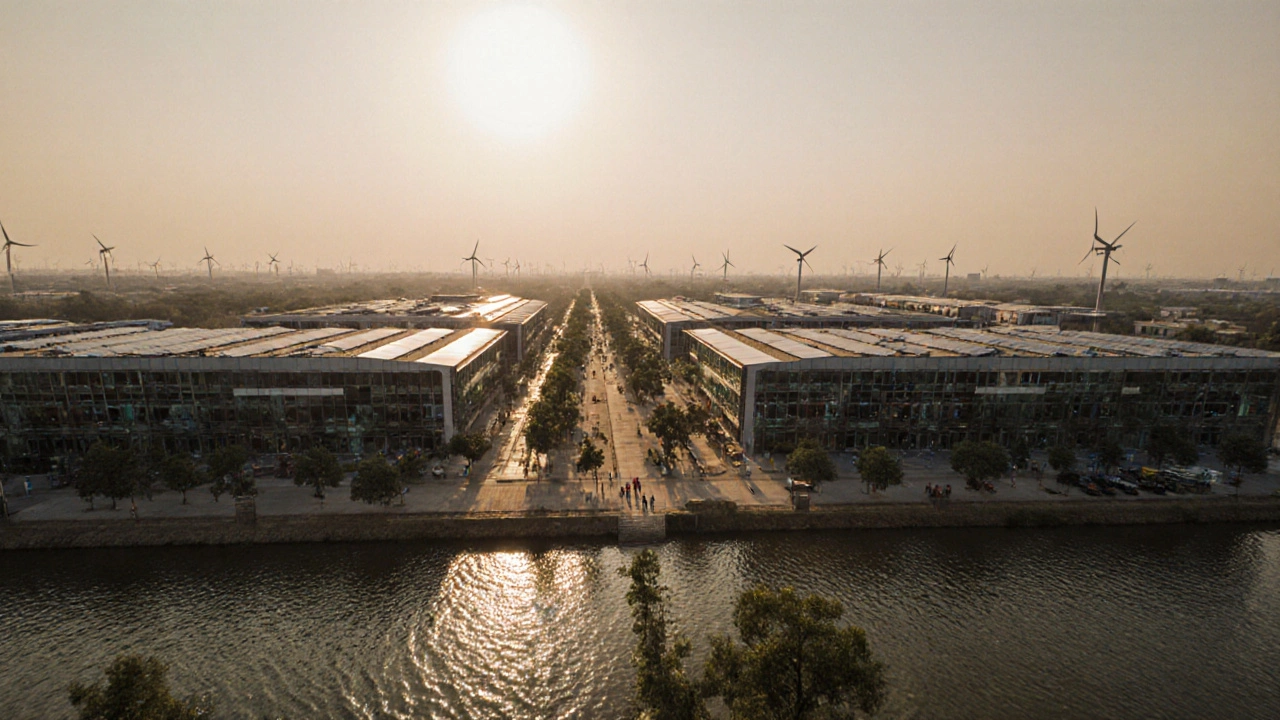 Aerial view of a modern textile park in Gujarat with factories, solar panels, and workers.