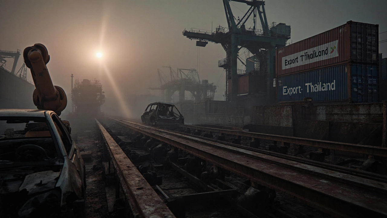 An abandoned auto factory at dawn with half-built cars and a shipping container labeled for export to Thailand.