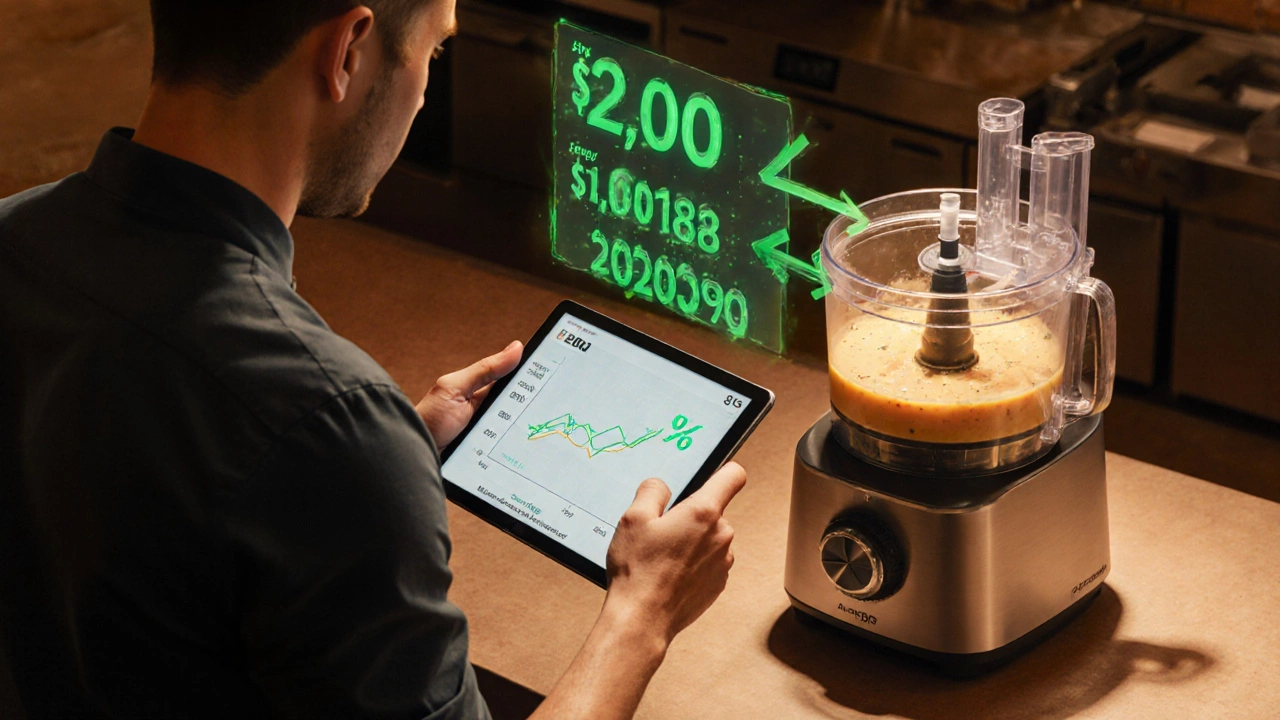 Chef reviewing ROI figures while a processor rapidly prepares ingredients in the background.