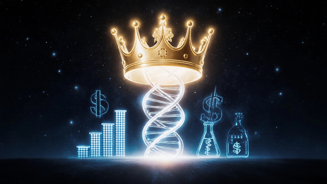 Cinematic scene of a golden crown above a DNA‑styled Sun Pharma logo with financial and R&amp;D symbols.