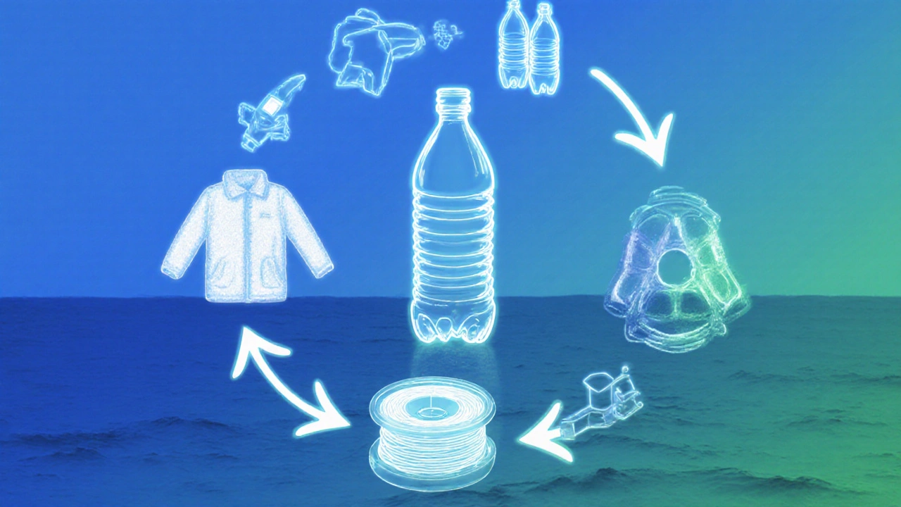 Circular flow of a recycled PET bottle turning into clothing, new bottles, and other products.