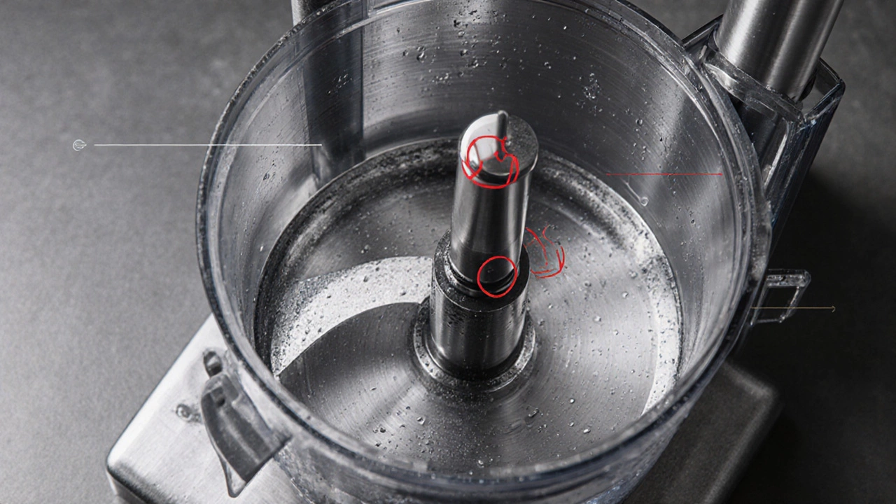 Close‑up of a commercial food processor’s bowl, blade, interlock and feed tube being cleaned.