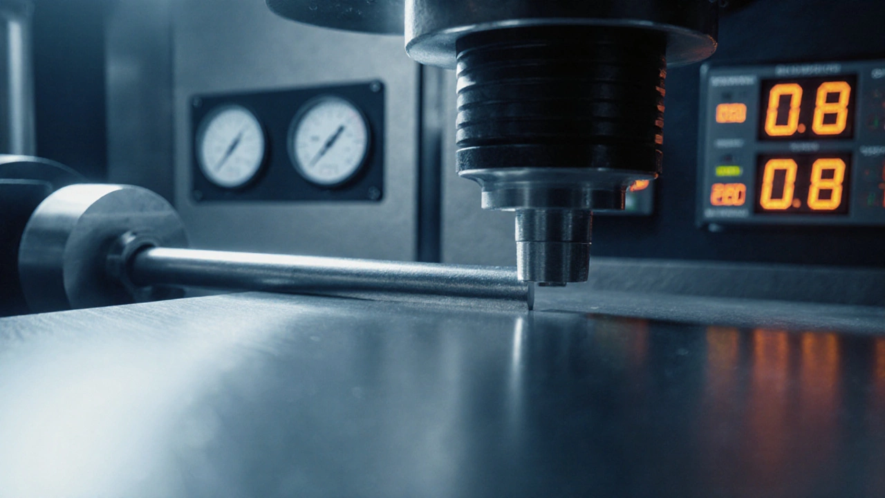 Close-up of a steel rod being pulled in a tensile test machine, showing strain gauges.