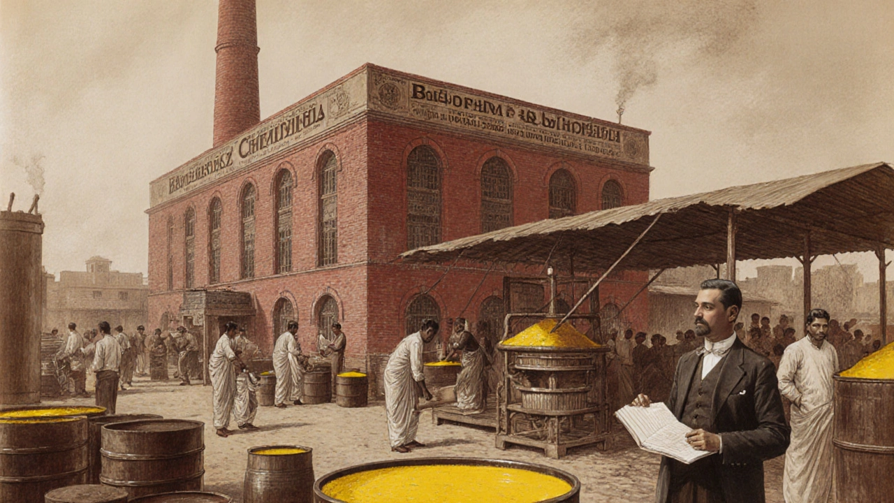 Early 20th‑century Bengal Chemicals factory with workers and Ray overseeing production.