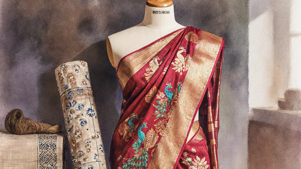 Elegant Paithani silk sari with gold motifs beside Khadi and cotton fabric samples.