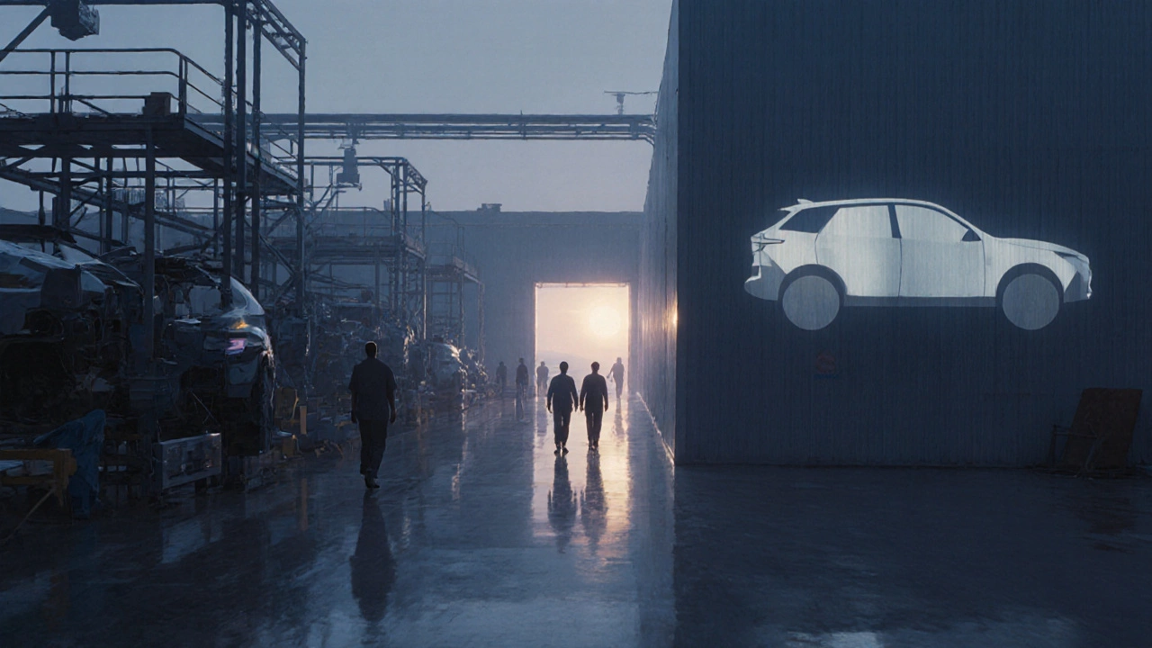 Empty factory floor with workers leaving, hinting at EV future and Suzuki partnership.