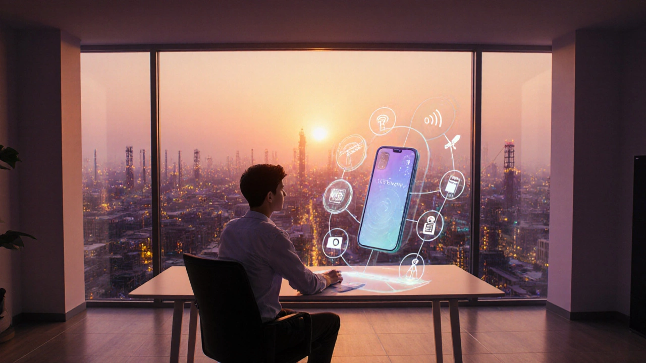Entrepreneur reviewing holographic smartphone components beside a city skyline.