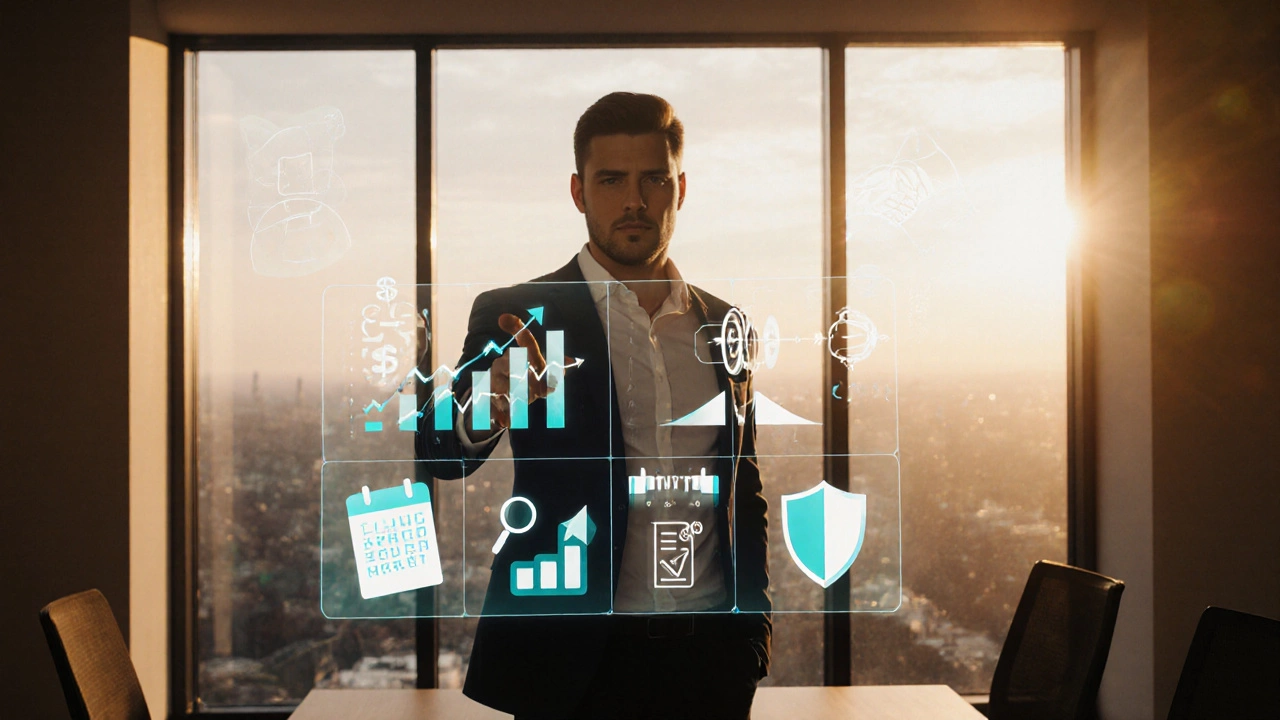 Entrepreneur reviewing plans on a glowing board, surrounded by success icons.