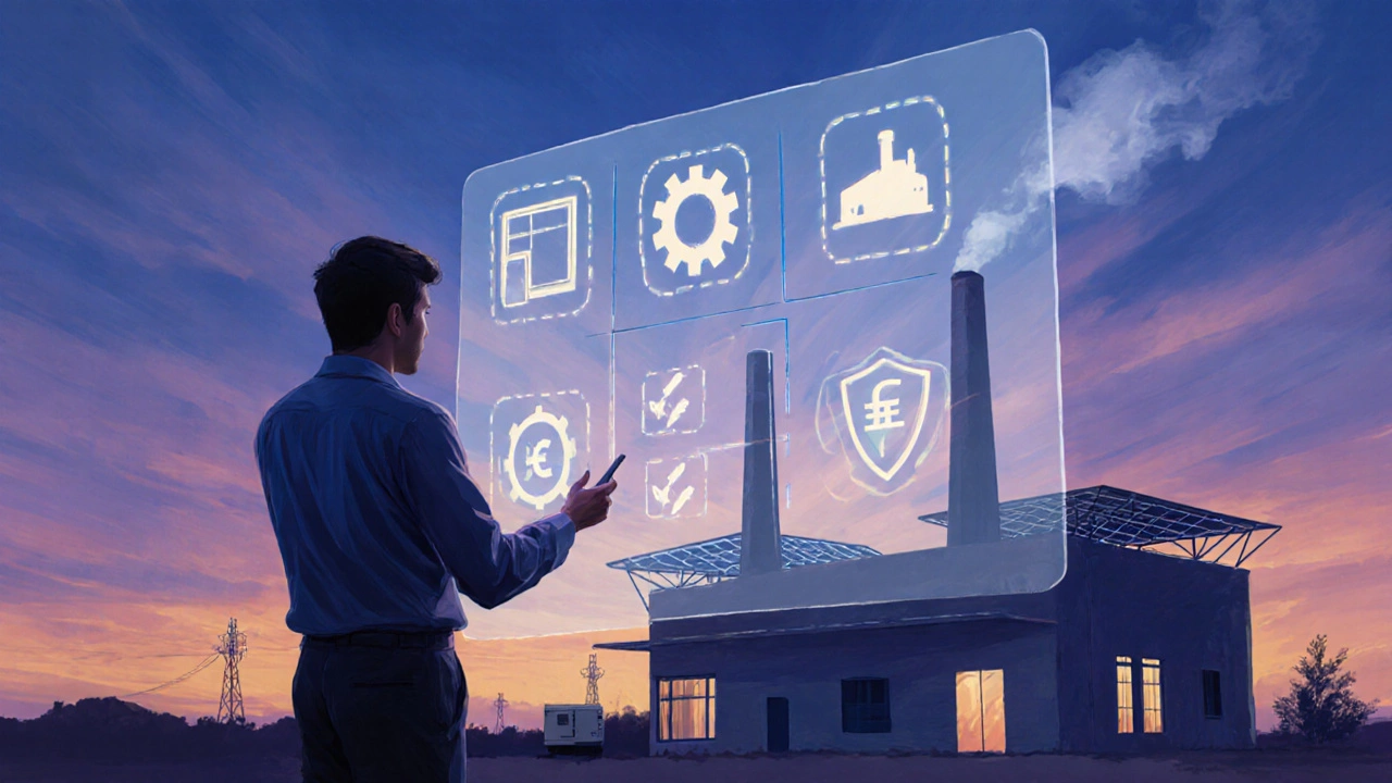 Entrepreneur standing before a glowing screen of factory icons, with a modern factory silhouette at dusk.