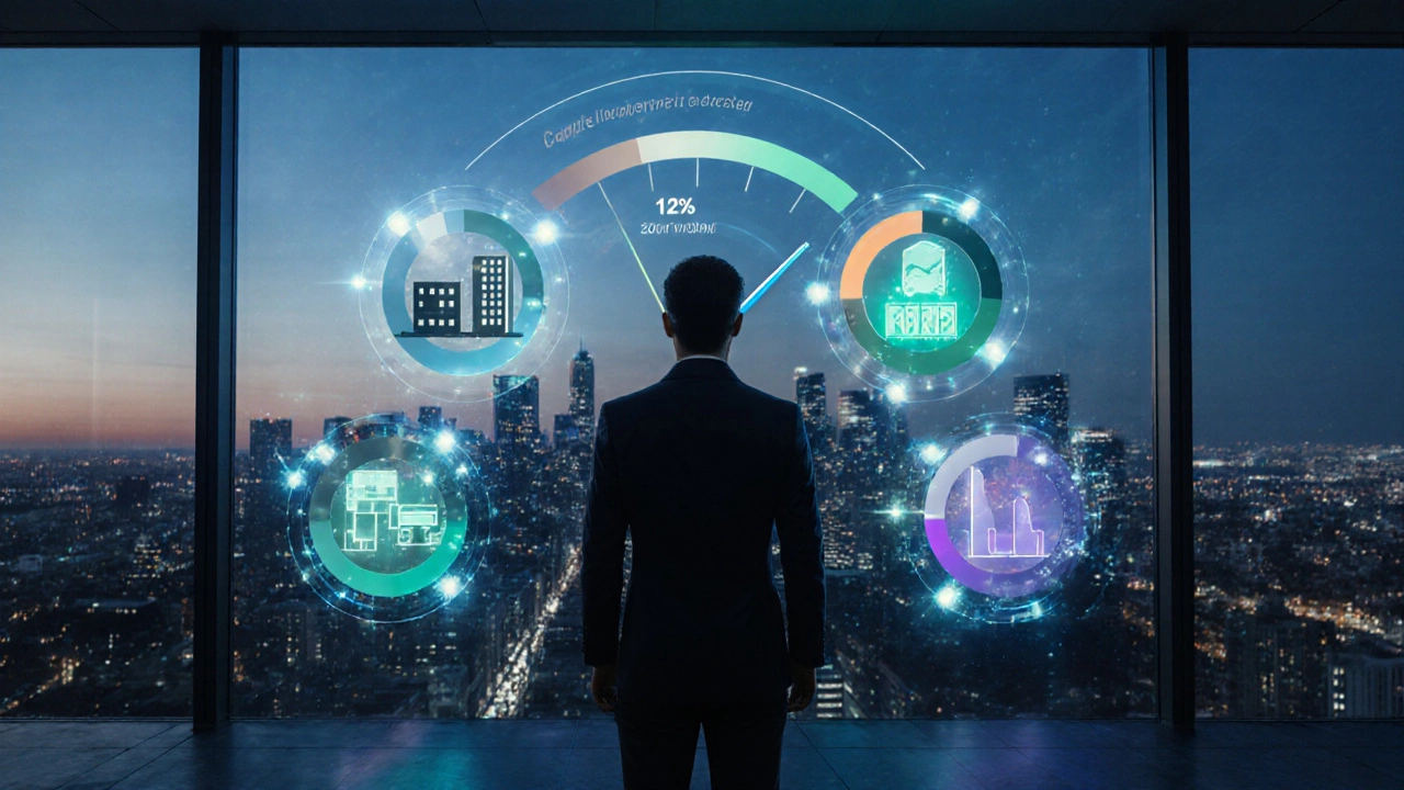 Founder viewing holographic cost icons hovering over a city skyline.