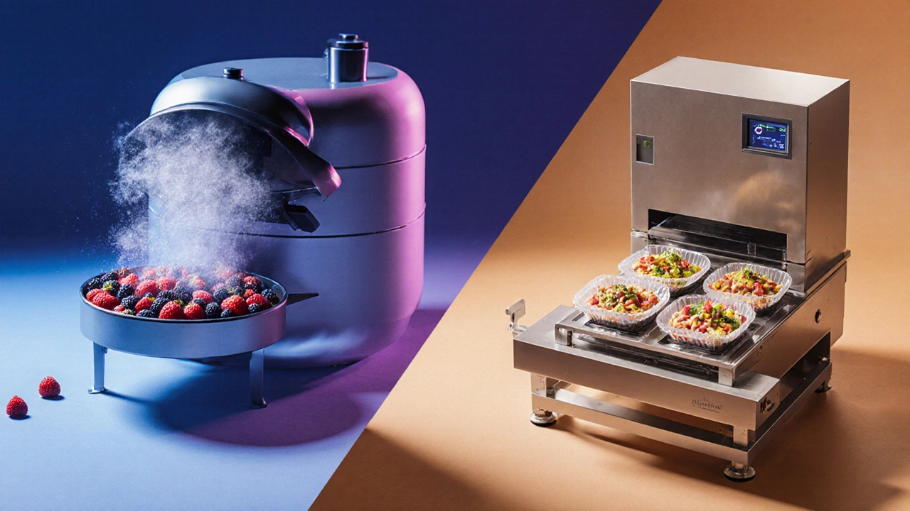 Freeze‑drying berries followed by vacuum sealing of ready‑to‑eat meals.