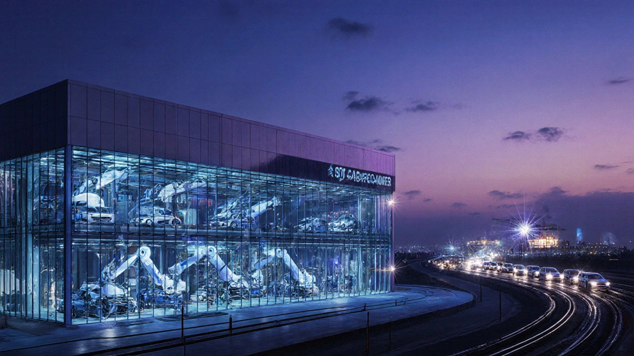 Futuristic 2030 Pakistani auto plant with robots and export convoy toward Gwadar port at dusk.