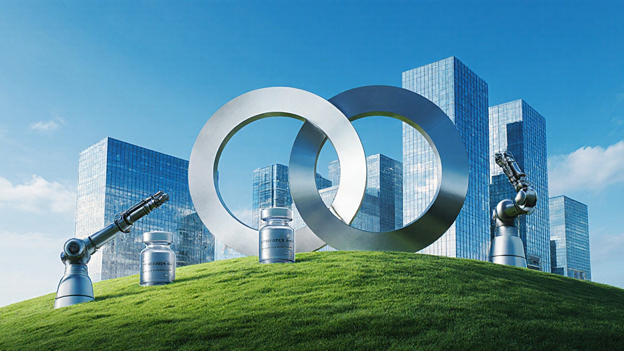 Futuristic biotech campus with robotic labs and interlocking ribbons symbolizing industry consolidation.