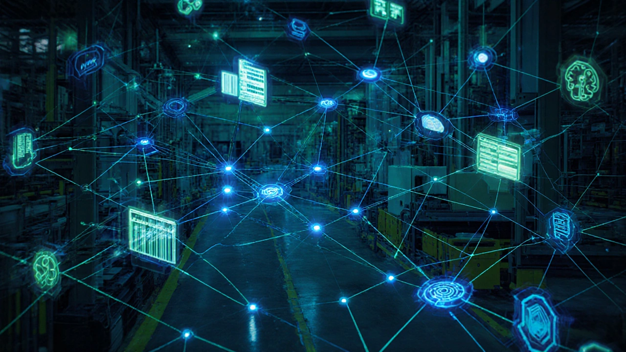Glowing digital data streams connecting machines and workers in a modern manufacturing environment.