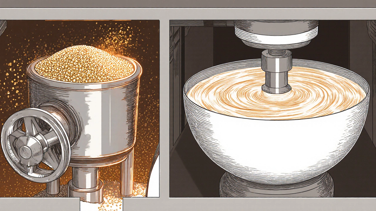 Hammer mill grinding wheat and a planetary mixer blending batter side by side.