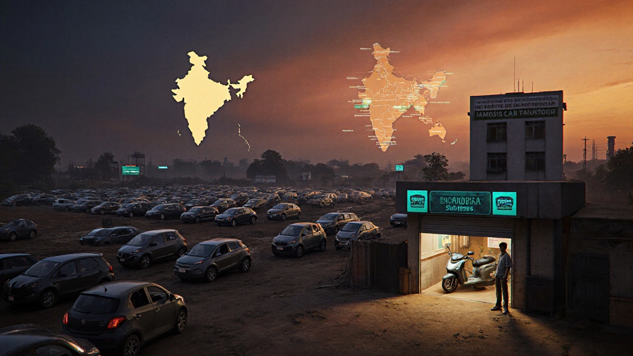 Indian factory and startup EV garage at sunrise, hinting at government support.