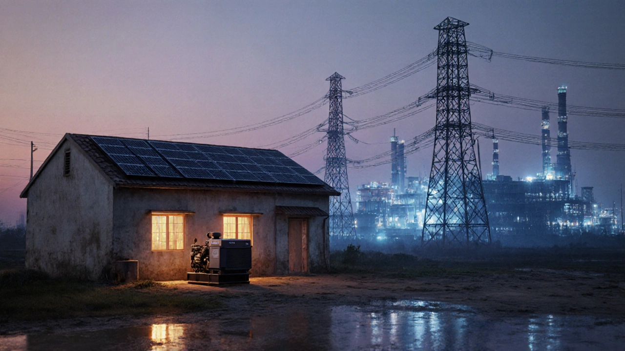 Indian factory with solar panels and a diesel generator beside a Chinese plant with stable power lines at dusk.