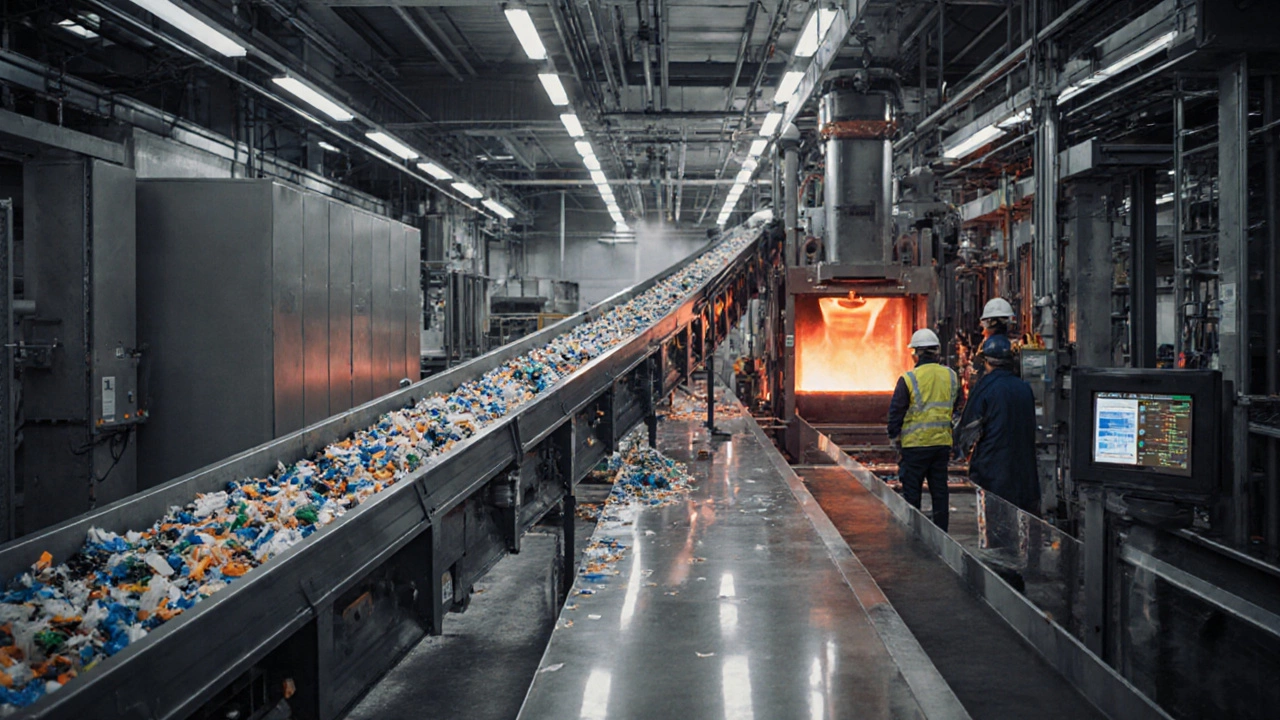 Inside a Dow Chemical plant, scrap plastic moves on a conveyor into a furnace with workers monitoring screens.