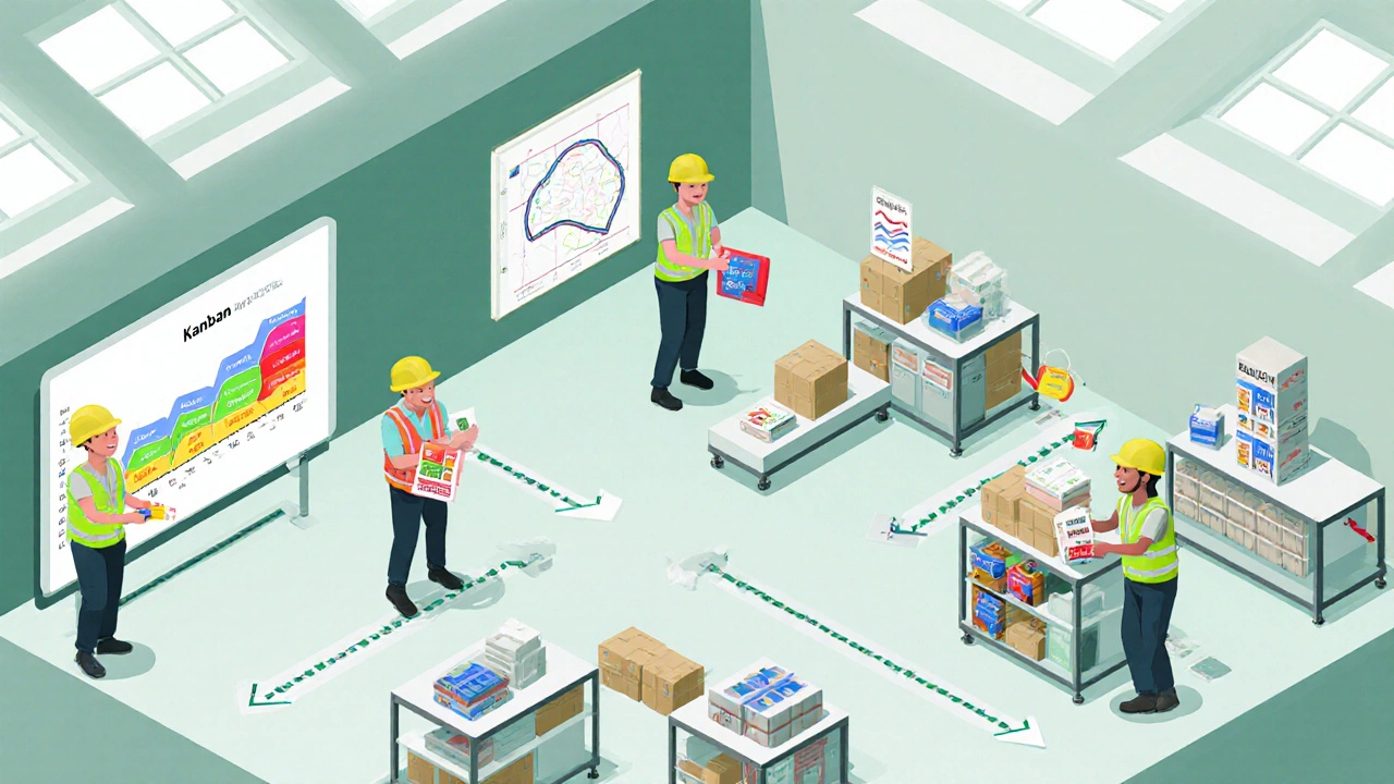 Isometric view of a lean workshop using Kanban cards and streamlined work cells.