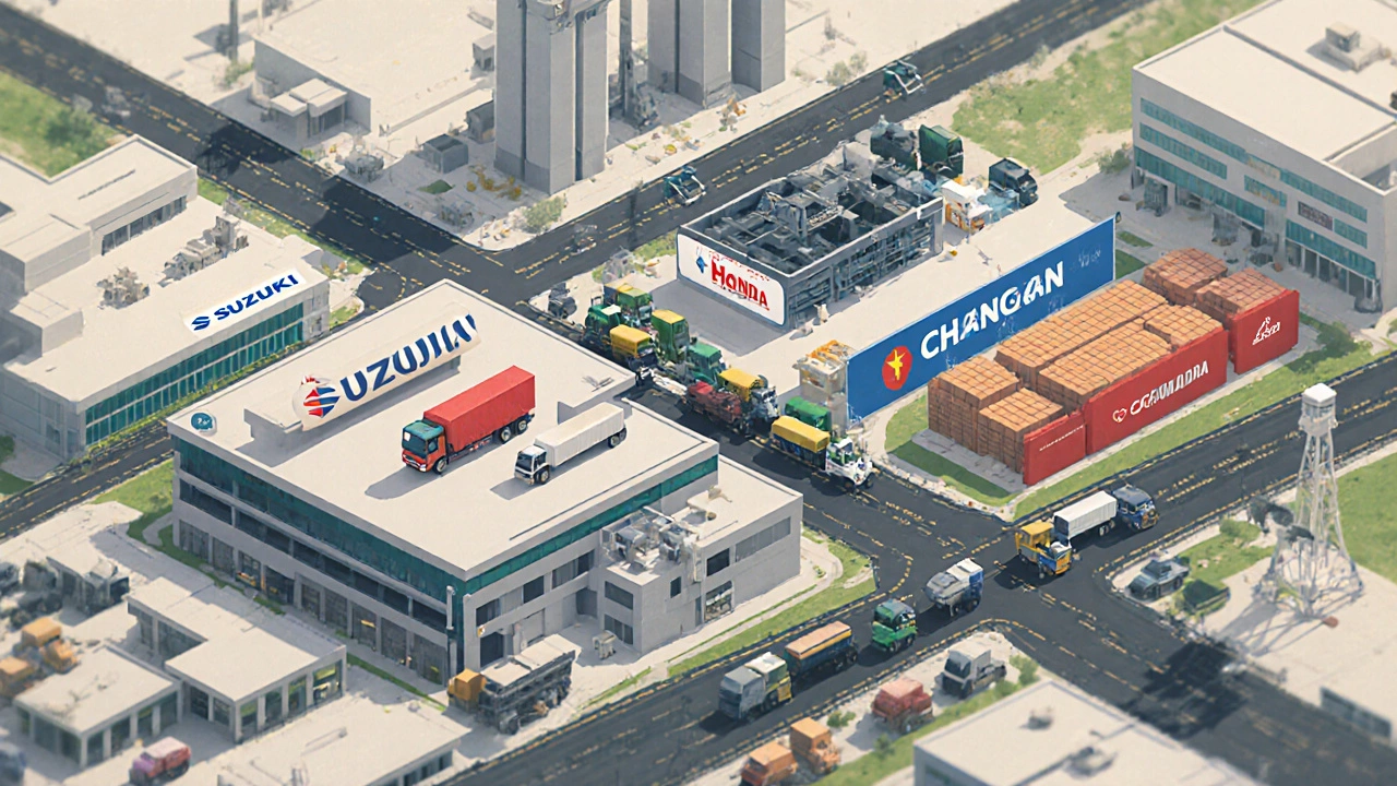 Isometric view of Sindh Automotive Cluster with Suzuki, Honda, Chinese joint‑venture factories and CPEC roads.