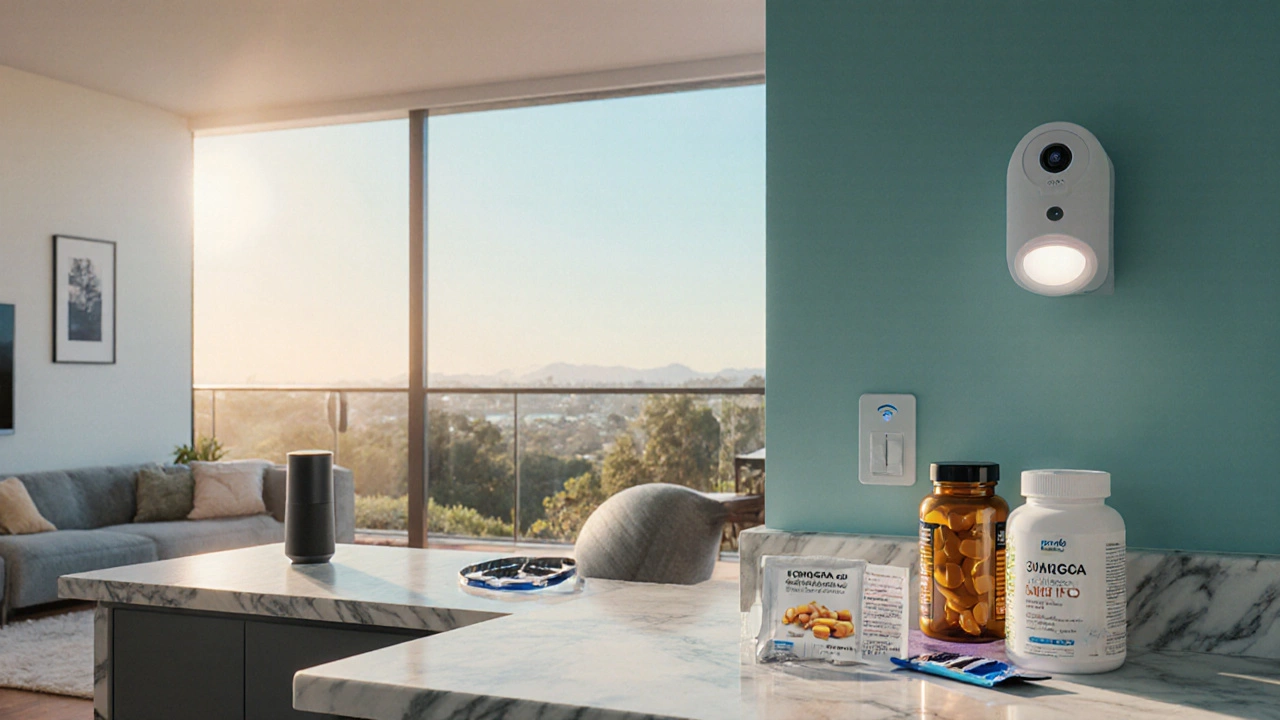 Modern home interior showing smart devices and health supplement jars.