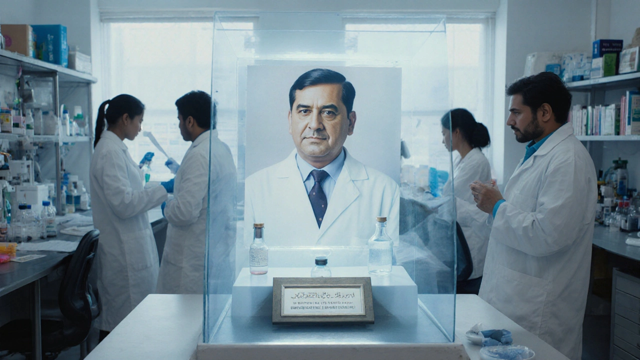 Modern Indian lab showing Ray’s memorabilia alongside contemporary researchers.
