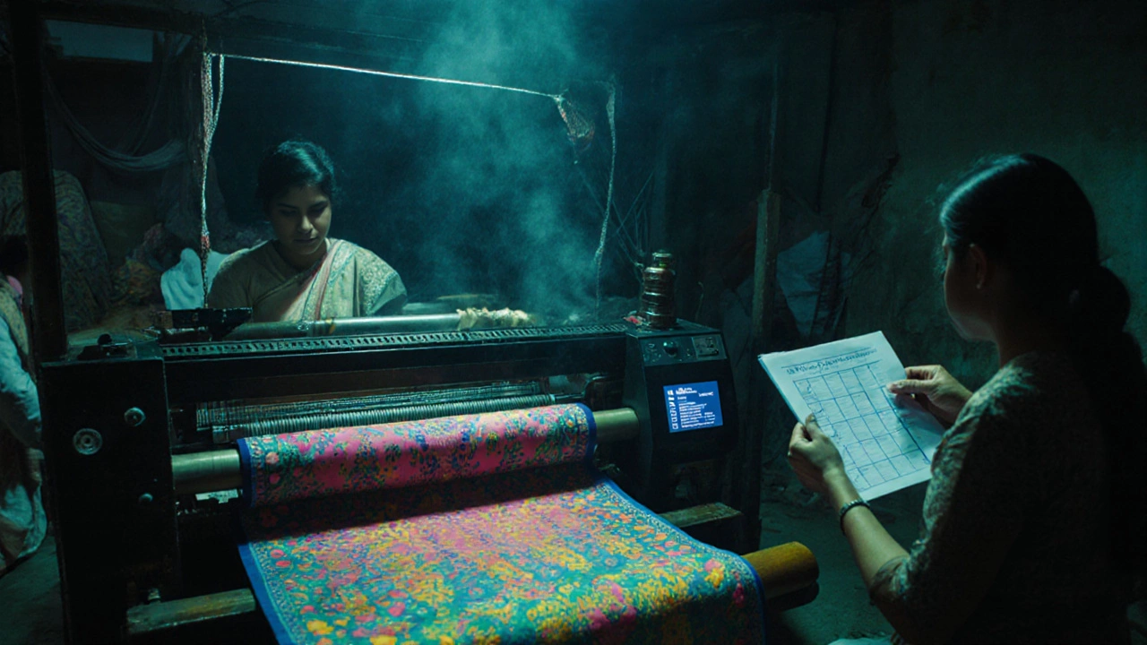 Modern Mumbai textile workshop mixing traditional looms with digital eco‑friendly printing.