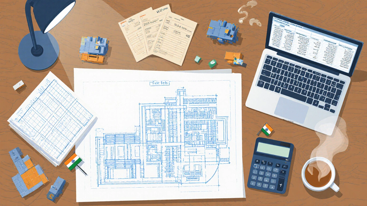 Overhead view of a table with blueprint, calculator, ledger, and miniature factory models for budgeting.