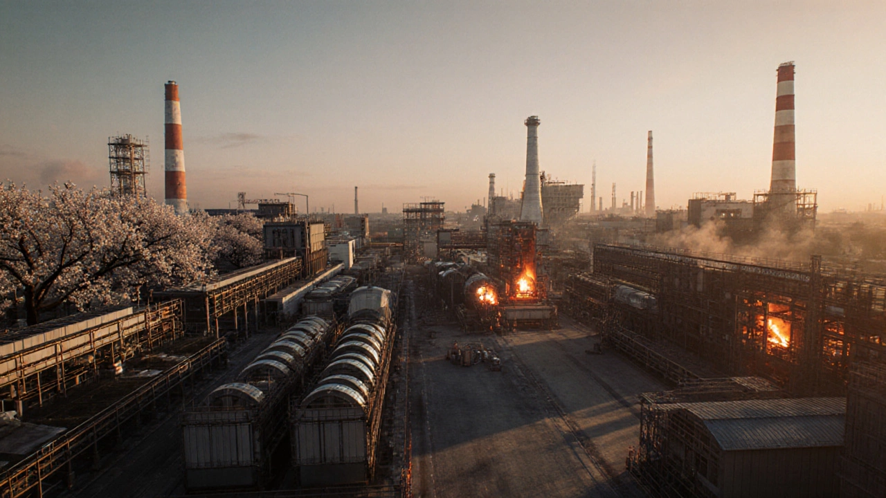 Panoramic view of modern steel factories in Japan, Germany, and the USA with molten steel and coils.