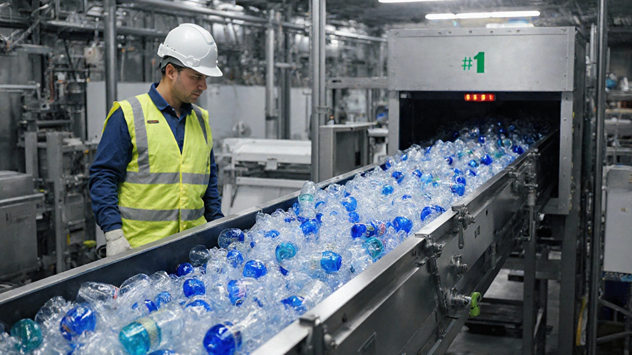Recycling facility conveyor belt sorting PET bottles with infrared scanners detecting the #1 code.