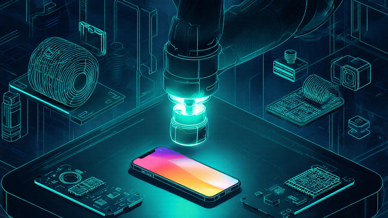 Robotic arm installing an OLED display onto a smartphone chassis.