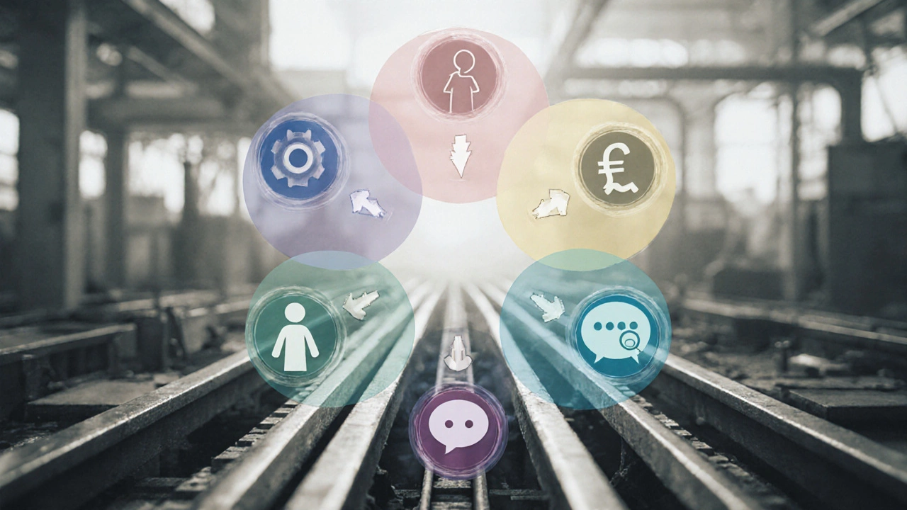 Seven colored flow pathways interwoven around a production line, representing key manufacturing systems.