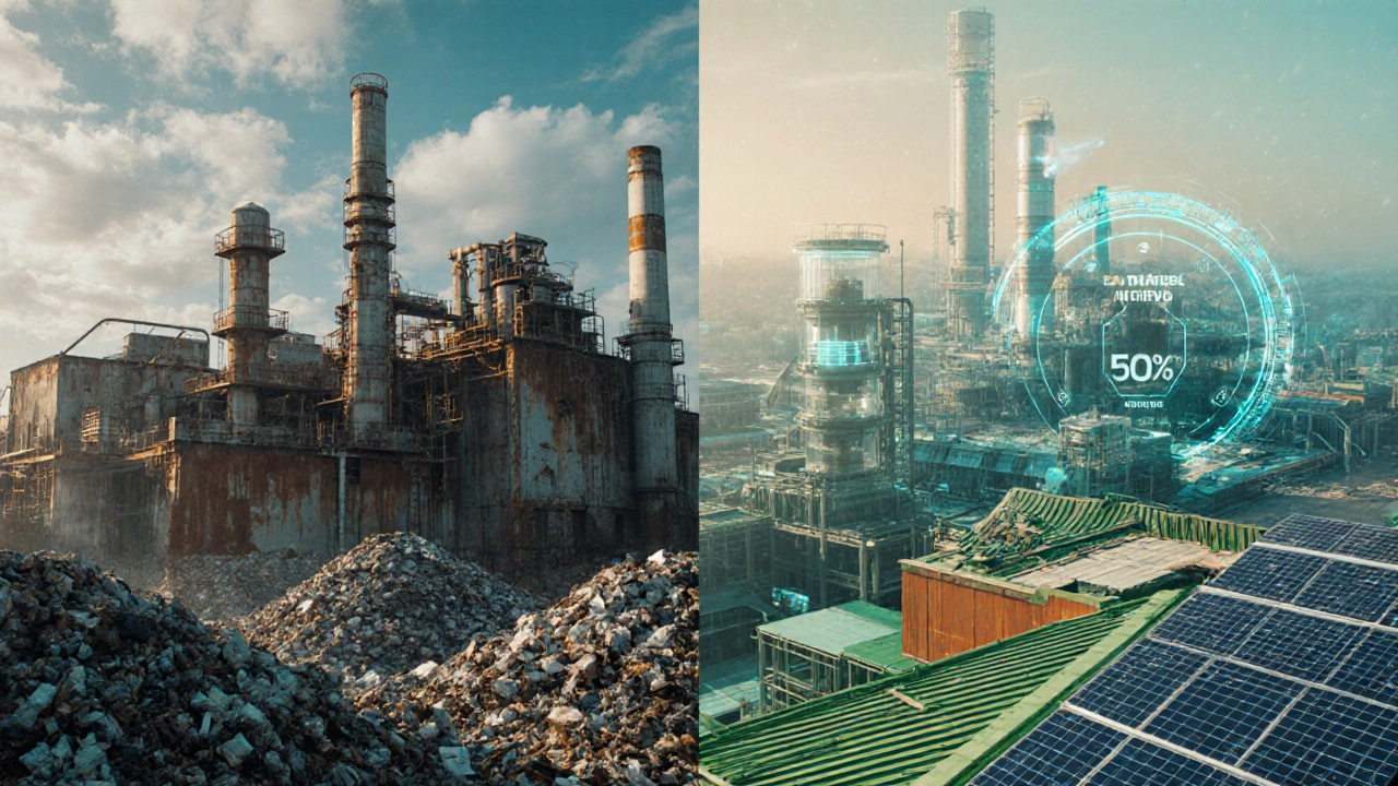 Side‑by‑side scene of an old polluting factory and a modern, green‑energy plant showing reduced waste.