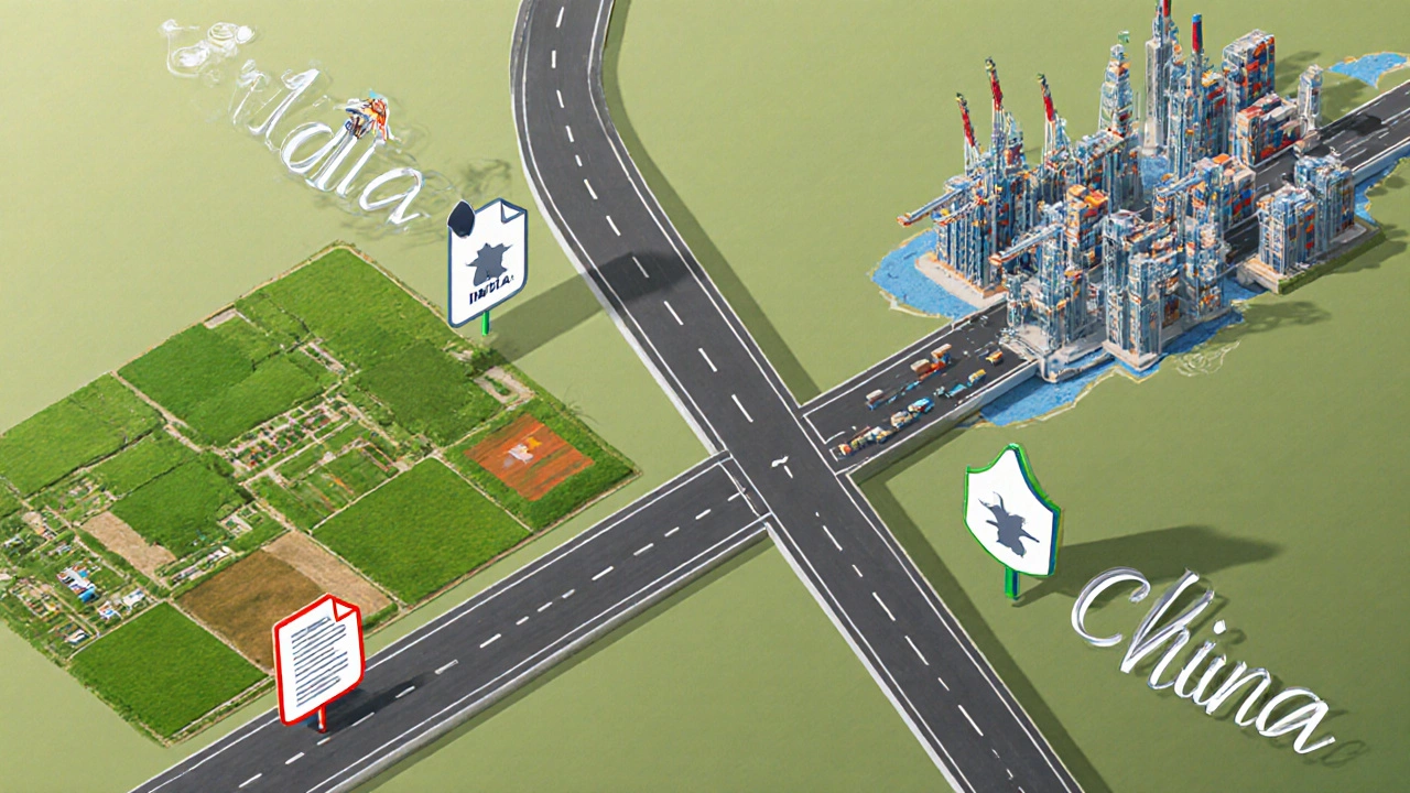 Strategic crossroads showing icons of land, ports, and incentives for India and China.