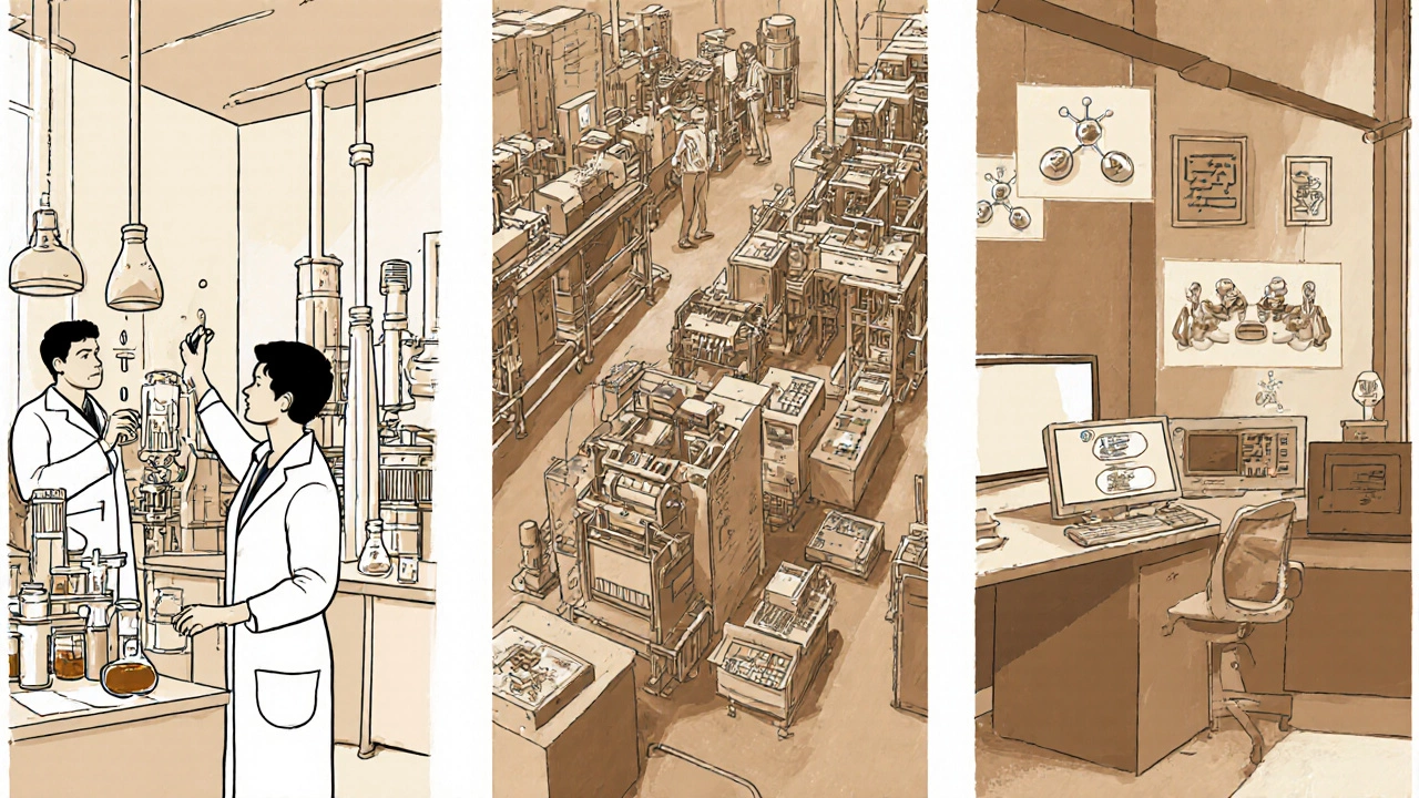 Three‑panel illustration of API lab, formulation production line, and CRO research office.