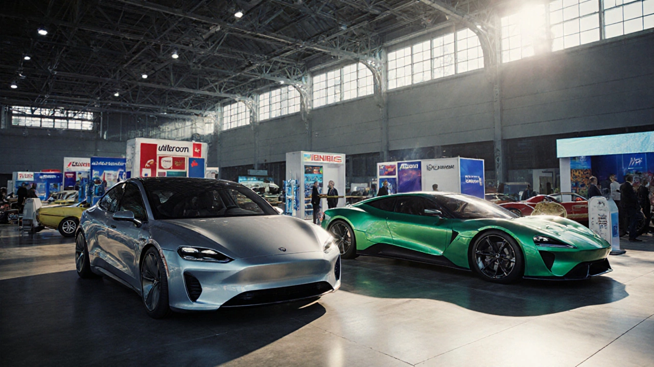 U.S. automotive expo featuring legacy and startup vehicles under bright daylight.