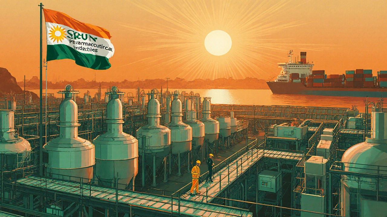 Vibrant illustration of Sun Pharma&#039;s Indian manufacturing plant at sunrise with workers and export ship.