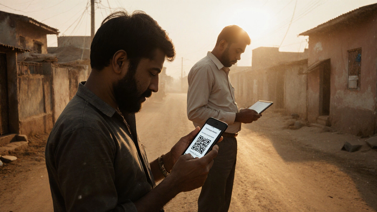 A villager scanning a QR code on medicine to verify its authenticity using a smartphone.