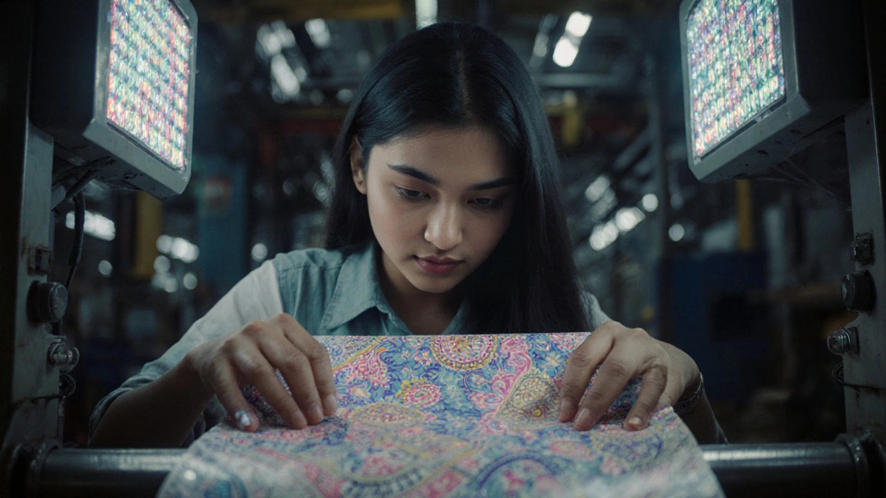 A woman operating a digital fabric printer, vibrant patterns flowing onto synthetic material in a factory.