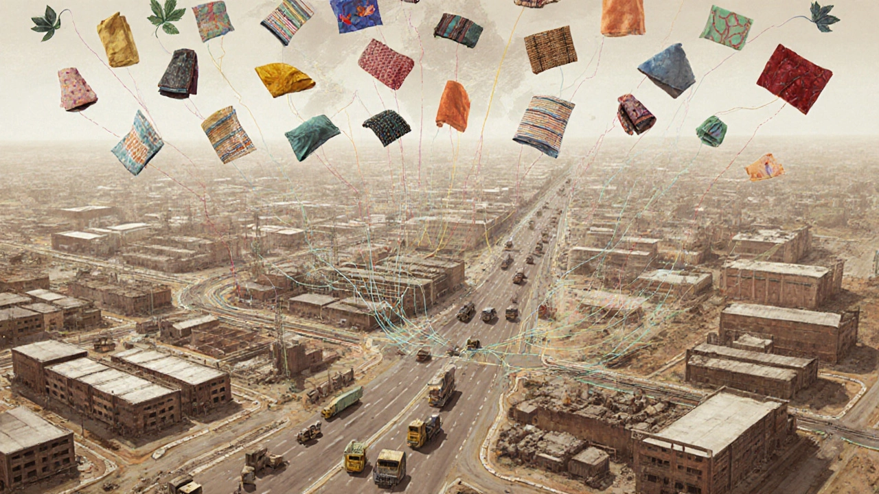 Aerial view of Surat&#039;s textile network with trucks and floating fabric samples heading to global markets.