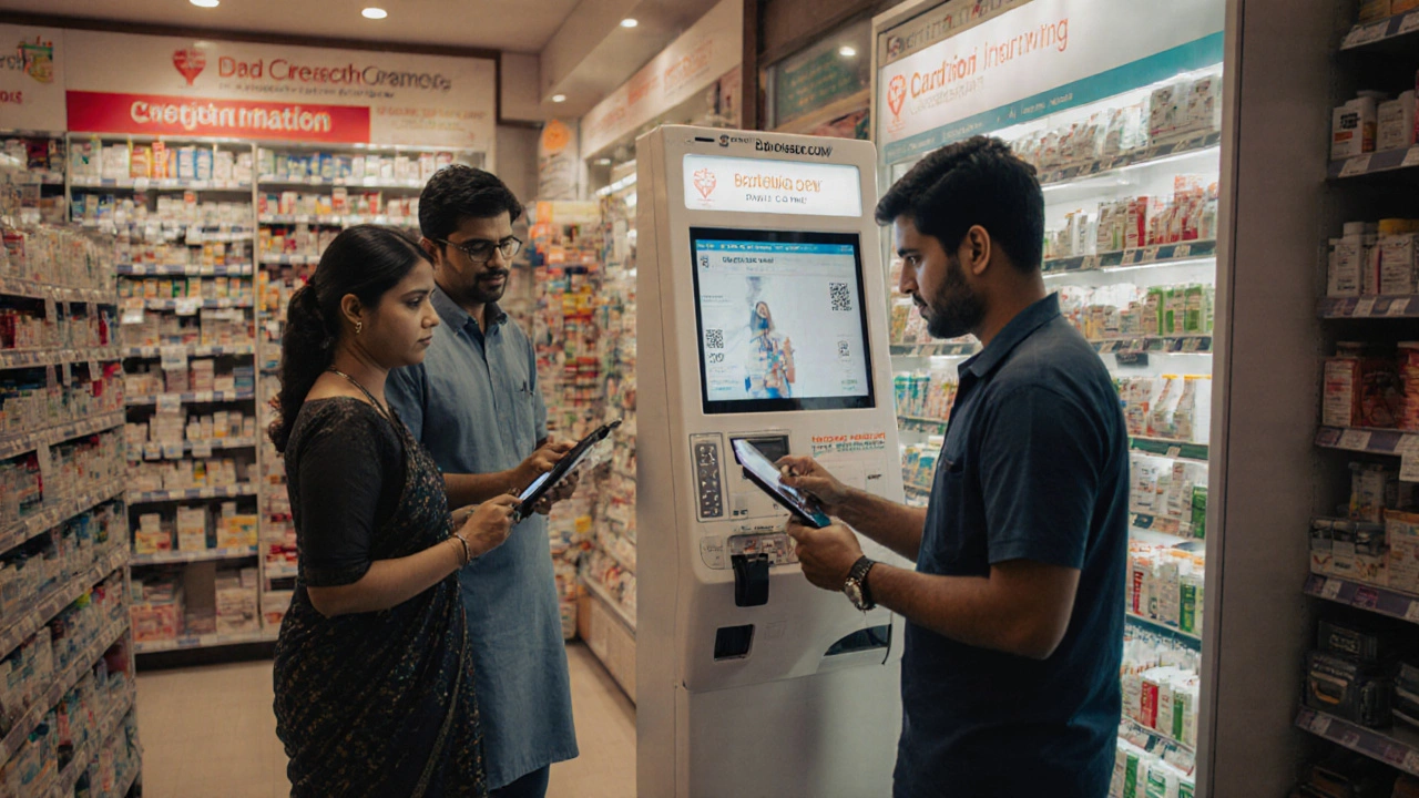 An urban Indian pharmacy with health screening kiosks and teleconsultation services for patients.