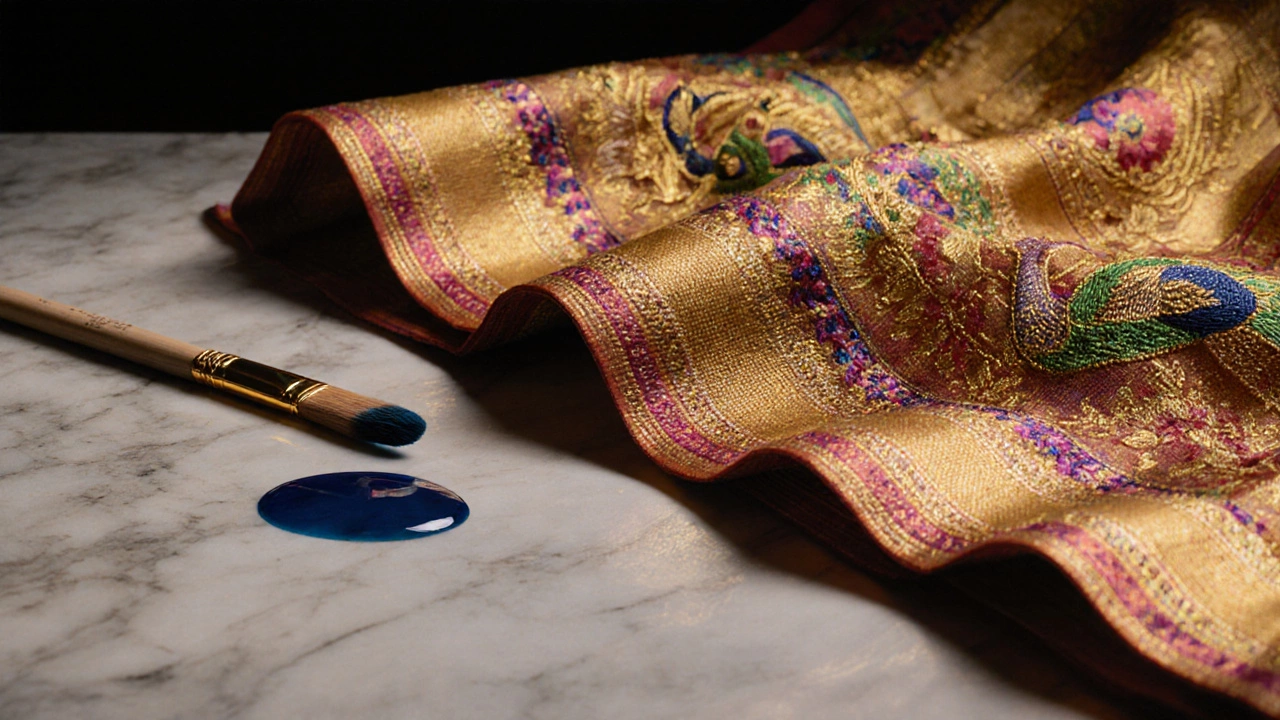 Close-up of a richly embroidered Banarasi silk saree with gold zari work and a drop of natural indigo dye.