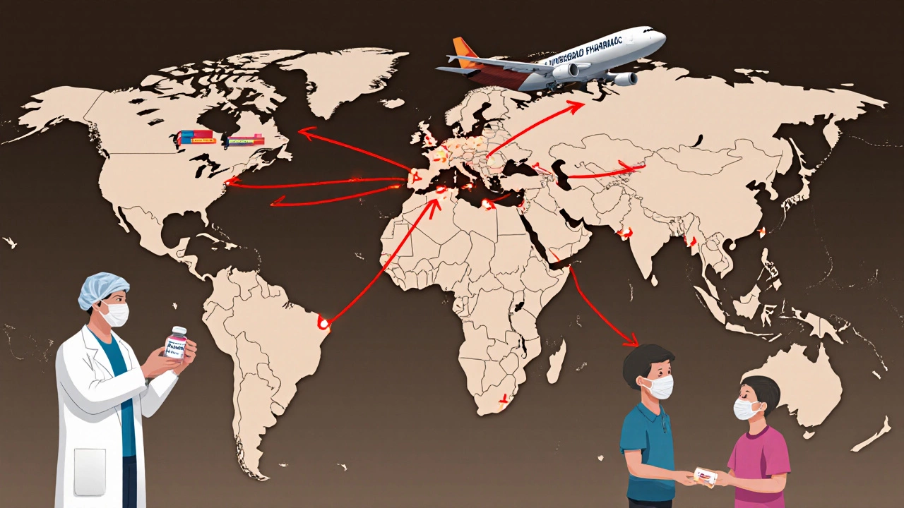 Global supply map showing Hyderabad&#039;s pharmaceutical exports to the U.S., EU, and Africa via cargo planes.