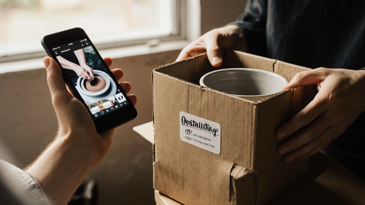Hands packing ceramic planters in recycled boxes with an Instagram phone showing a clay-making video.