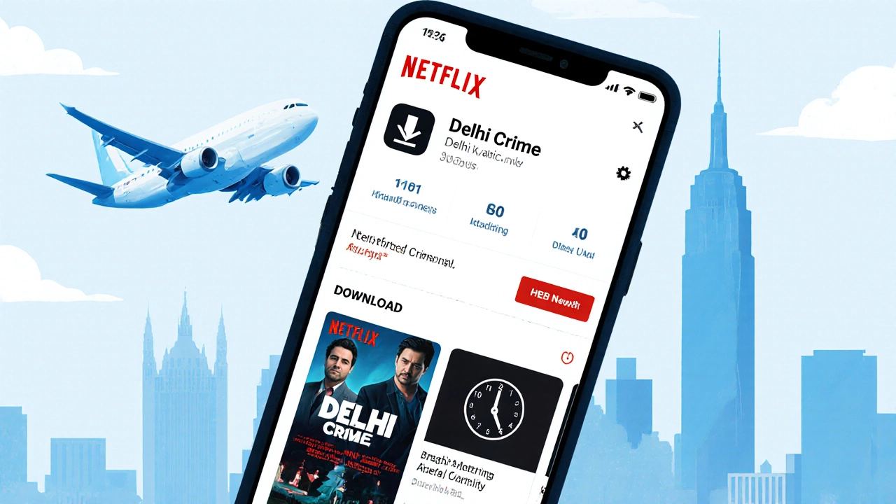 Smartphone showing downloaded Indian show with plane and US skyline, indicating offline viewing while traveling.