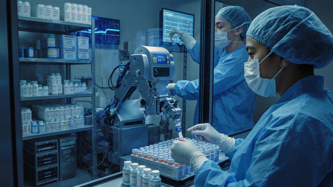 Technicians in cleanrooms monitor robotic systems assembling medicine vials under sterile blue lighting.