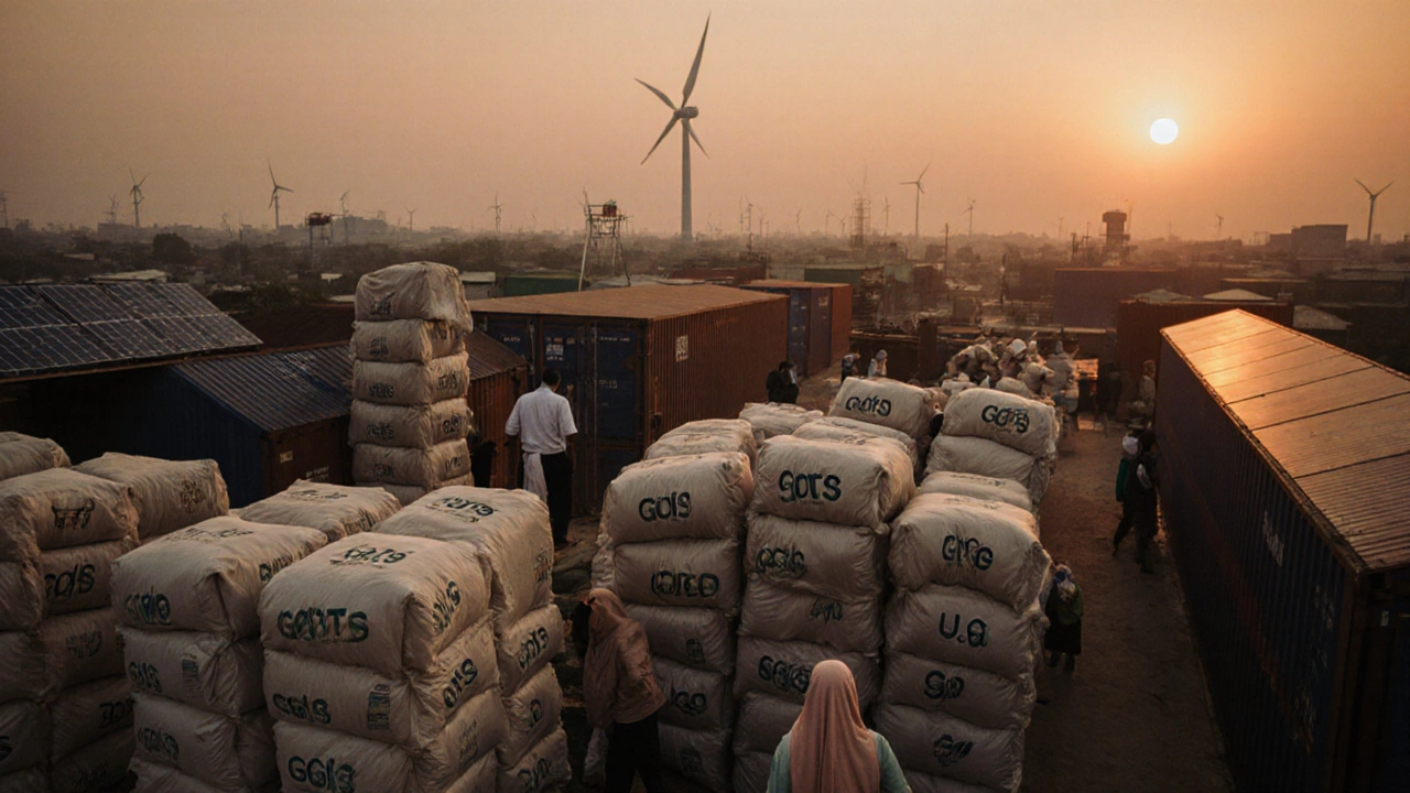 Textile export hub in Gujarat with cotton fabric being loaded onto containers under solar panels and a sunset sky.