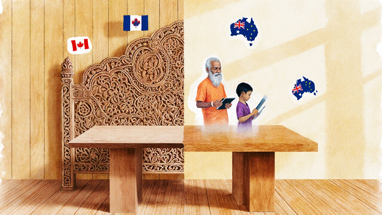 Traditional carved headboard transforming into modern dining table, symbolizing generational craftsmanship.