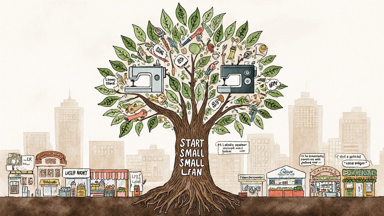 Tree with roots of recycled materials growing into manufacturing tools, symbolizing small business growth.